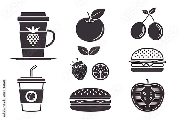 Obraz Simple black and white food and drink icons coffee burgers apples strawberries cherries and more Stylish minimalist