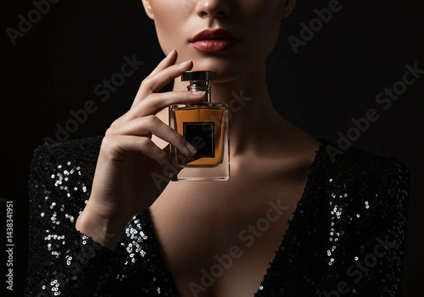 Obraz Elegant woman in a classic black dress holding a perfume bottle with grace, highlighting mystery and charm.