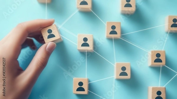 Fototapeta Hand connecting network wooden blocks