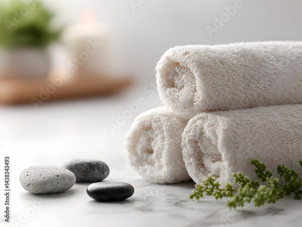 Fototapeta Soft white towels SPA letters in it arranged elegantly with stones and greenery in a serene spa setting in SPA hotel of SPA salon