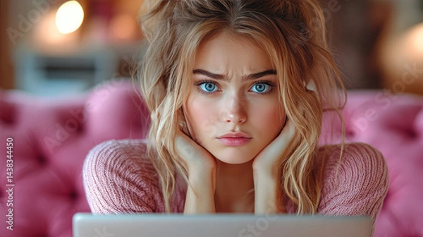 Fototapeta A young woman with a laptop, worried expression, hacked device concept