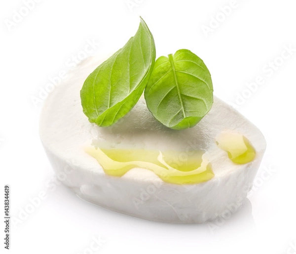 Fototapeta Mozzarella cheese with olive oil and basil leaves in closeup