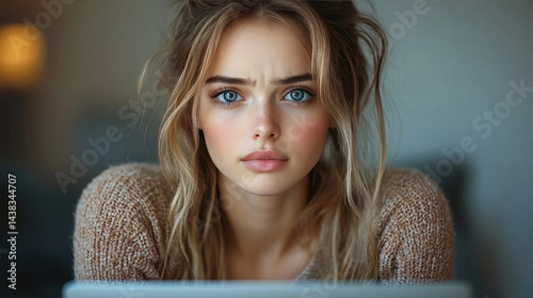 Fototapeta A young woman with a laptop, worried expression, hacked device concept