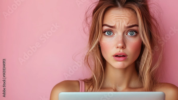 Fototapeta A young woman with a laptop, worried expression, hacked device concept