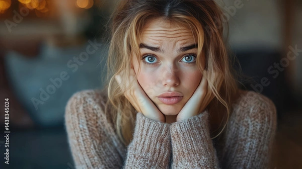 Fototapeta A young woman with a laptop, worried expression, hacked device concept