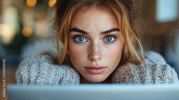 Fototapeta A young woman with a laptop, worried expression, hacked device concept