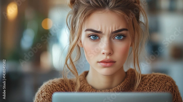 Fototapeta A young woman with a laptop, worried expression, hacked device concept