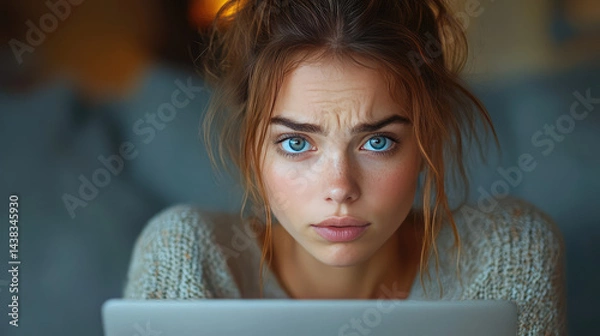 Fototapeta A young woman with a laptop, worried expression, hacked device concept