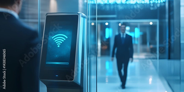 Fototapeta Businessman standing in smart office with digital hologram interface, future technology.