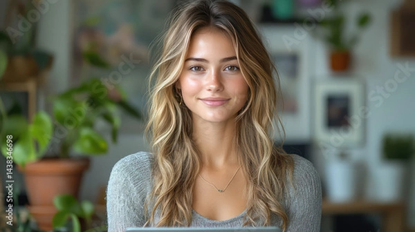 Fototapeta A young woman working on a laptop in a cozy, modern home office with plants
