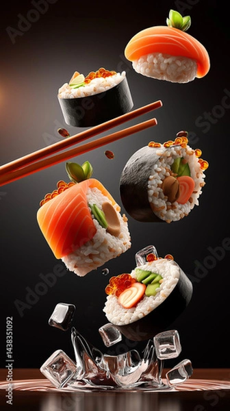 Fototapeta Levitations of various sushi rolls and nigiri suspended in the air, surrounded by splashes of ice and flying chopsticks, minimalistic clean dark backgrounds