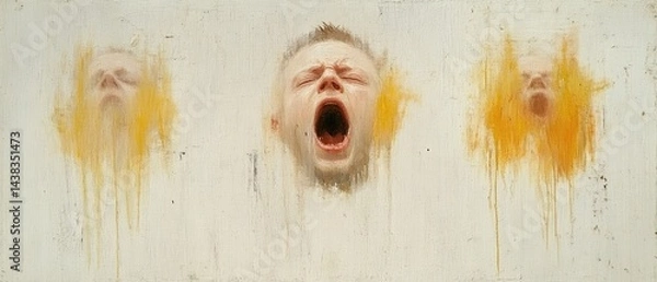 Fototapeta Three faces with eyes closed and mouths open are painted in a blurry style with white background