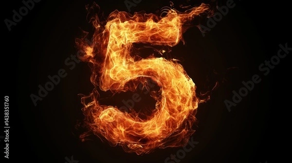 Fototapeta Fiery number five against black background; abstract design
