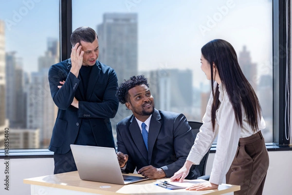 Obraz Team of diversity business people are discussing over the new strategic strategy project over investment real estate while working in modern office building for new project and planning