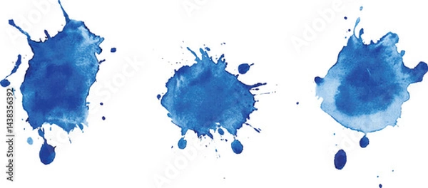 Fototapeta Set of watercolor textures in blue hues isolated on a white background. Blue paint splash on white background.