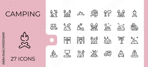 Fototapeta Camping icon set. Included tourism, tour, hiking, kayak, tent, travel and more. Line icons with editable stroke. Camp icon set. Editable stroke. Vector illustration.
