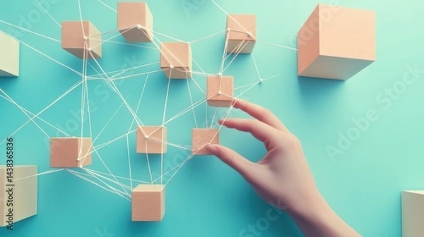 Fototapeta Hand connecting pastel cubes, network, blue background, concept
