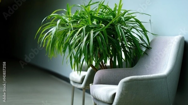 Fototapeta Modern waiting area with lush plant and comfortable chairs