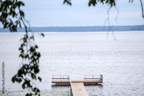 Fototapeta 
a wooden pier stretching into calm water, with a small platform at the end and blurred tree branches in the foreground under a cloudy sky.