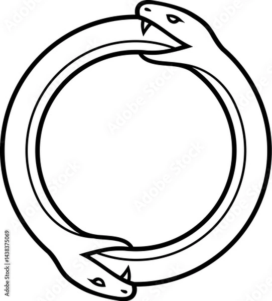 Obraz Double Ouroboros symbol, snake eating tail of another snake. Simple black and white drawing. Modern circle logo, vector illustration.
