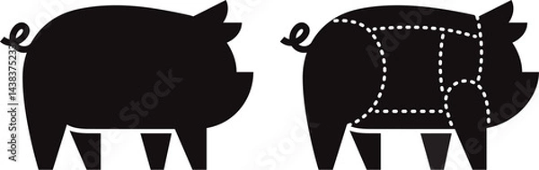 Obraz Pig silhouette icon with pork meat cuts chart, butcher infographic. Simple, minimal black and white vector illustration.