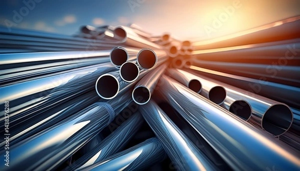 Fototapeta close up of stack of stainless steel pipes metallurgy industry concept generative ai