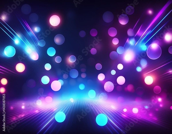 Fototapeta bokeh blue neon lights purple disco style background light abstract futuristic party club dance effect led design colourful glow banner