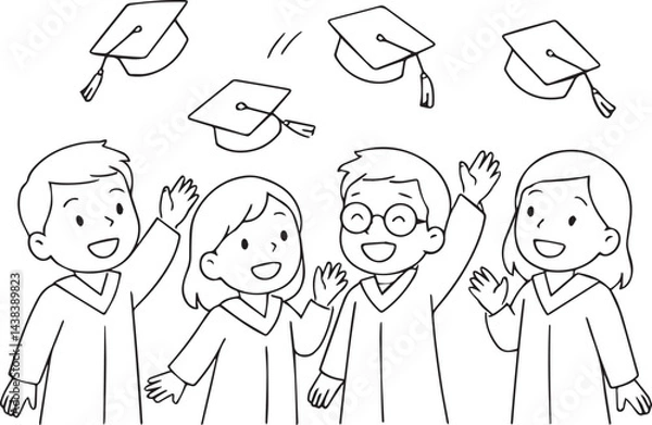 Fototapeta cute outlined drawing of kids celebrating graduation throwing caps in the air for school event coloring page

