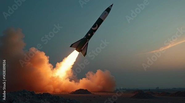 Obraz Missile in Pakistan’s flag colors with crescent and star, launching at dusk, representing power and technology.

