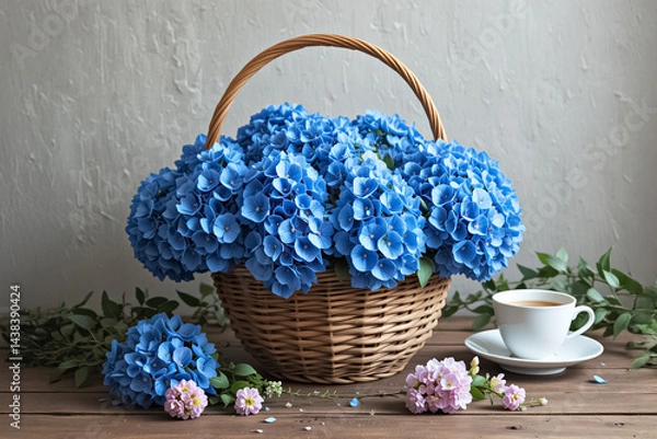 Obraz Still life composition with basket full of beautiful blue hydrangea flowers with cup of tea or coffee on light background