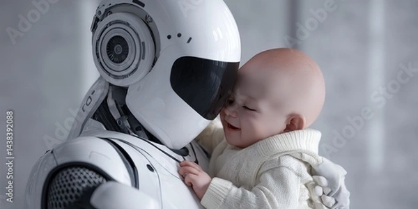 Fototapeta Robotic humanoid babysitter looking after a baby