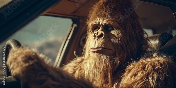 Fototapeta Portrait of a Sasquatch driving a car