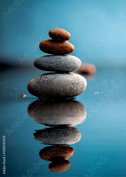 Fototapeta Balanced Stone Tower Reflecting in Calm Waters Creates a Peaceful and Serene Atmosphere : Generative AI