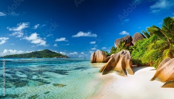 Fototapeta paradise beach on the island of la digue in the seychelles anse source d argent