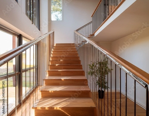 Fototapeta wide wooden staircase with polished stand modern metal railings illuminated by natural light streaming through large windows