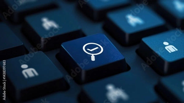 Fototapeta A close up of a blue computer keyboard key with a magnifying glass with a checkmark inside