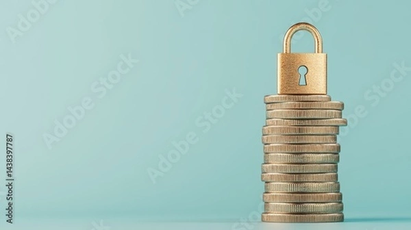 Fototapeta Coin stack secured by a padlock, symbolizing financial security, ample space for promotional messaging, ideal for banking or investment themes