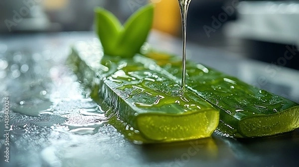 Fototapeta Aloe vera gel extraction, skincare, close-up, lab setting