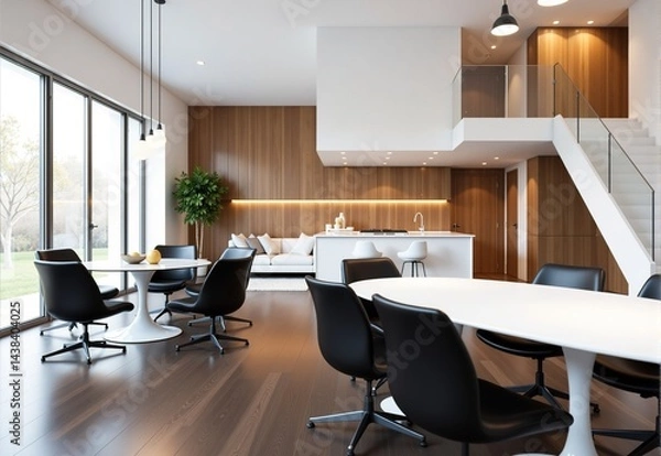 Fototapeta Modern open-plan living space with dining area and kitchen, featuring clean lines and a minimalist aesthetic.