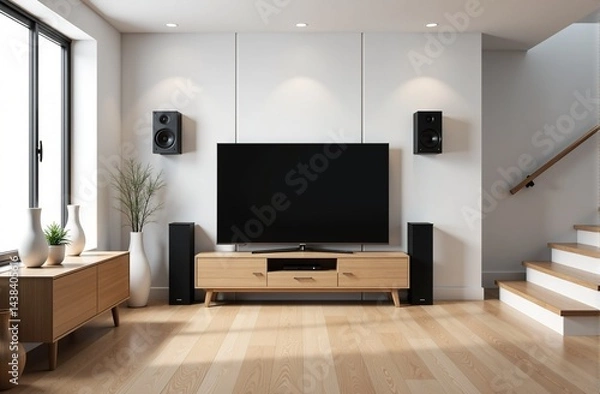 Fototapeta Modern living room interior with flat screen TV, wooden furniture, and home theater system. Bright and airy space.