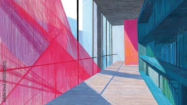 Fototapeta Abstract interior design; vibrant red and blue hues, bookshelves, sunlight, modern architecture