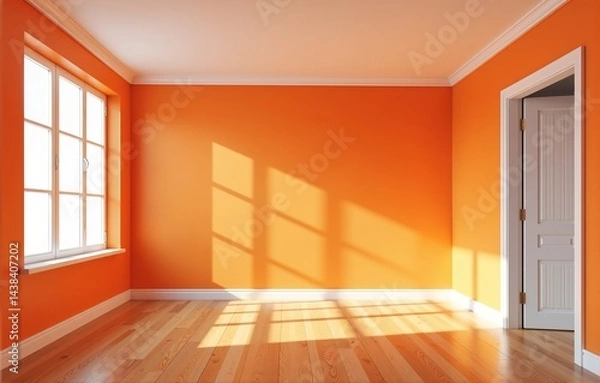 Fototapeta Bright, empty room with orange walls, wooden floor, sunlight streaming through a window. Perfect for real estate, interior design, or home decor.