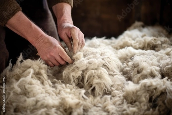 Fototapeta Old man gathers sheared sheep wool from ground on farm yard closeup. Mature farmer processes animal fur in ancient way outdoors. Traditional crafts of woven material producing at countryside