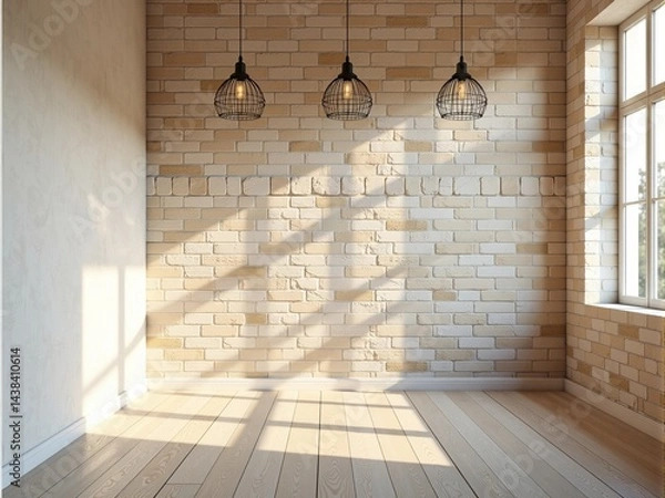 Fototapeta Empty bright room with brick wall, wooden floor and sunlight. Perfect for interior design projects.