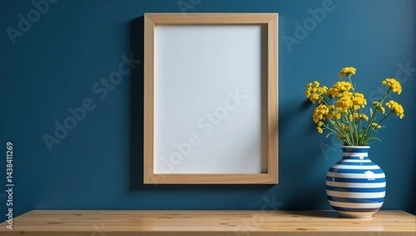 Fototapeta Minimalist home decor mockup with an empty wooden frame, yellow flowers in a blue striped vase, on a wooden table against a teal wall.