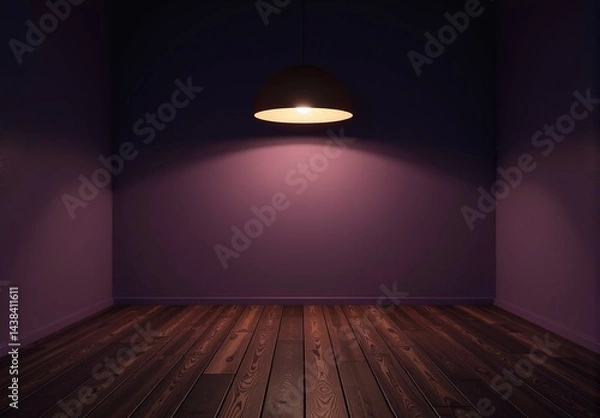 Fototapeta Empty room with purple walls, dark wood floor, and a single overhead light. Minimalist interior design.