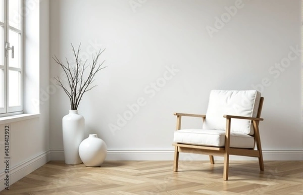 Fototapeta Modern minimalist living room interior with a comfortable white armchair and decor elements.
