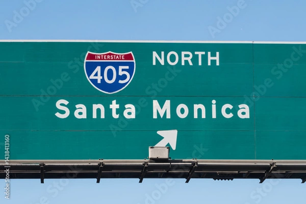 Fototapeta Santa Monica 405 North freeway interchange exit ramp sign in Los Angeles California..  
