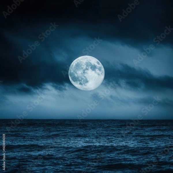 Fototapeta Serene Night Sky with Full Moon Over Calm Ocean Waves