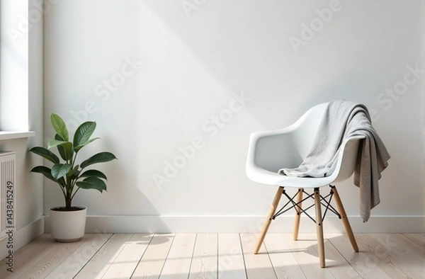 Fototapeta Bright and airy minimalist interior with a white chair, grey blanket, and green plant. Perfect for showcasing interior design, home decor or real estate.